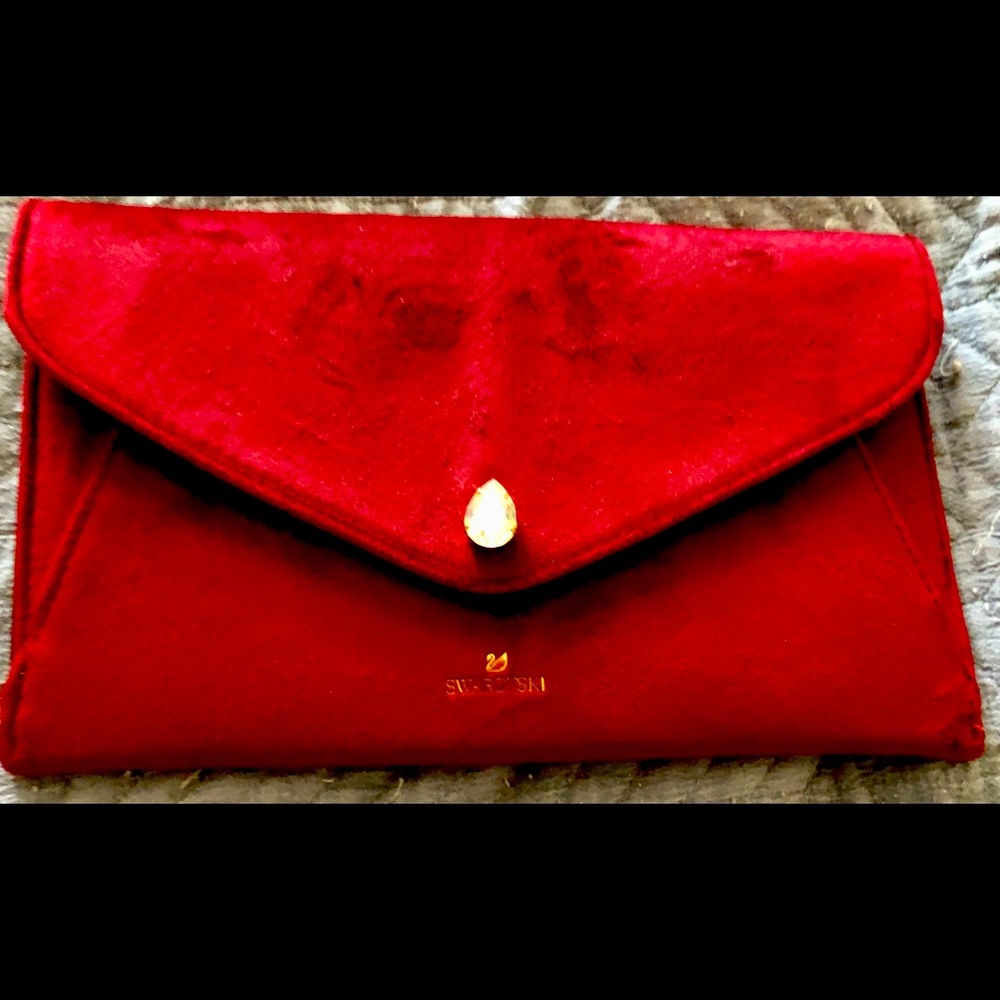 NWT Swarovski burgundy micro suede clutch with snap closer gold & crystal accent